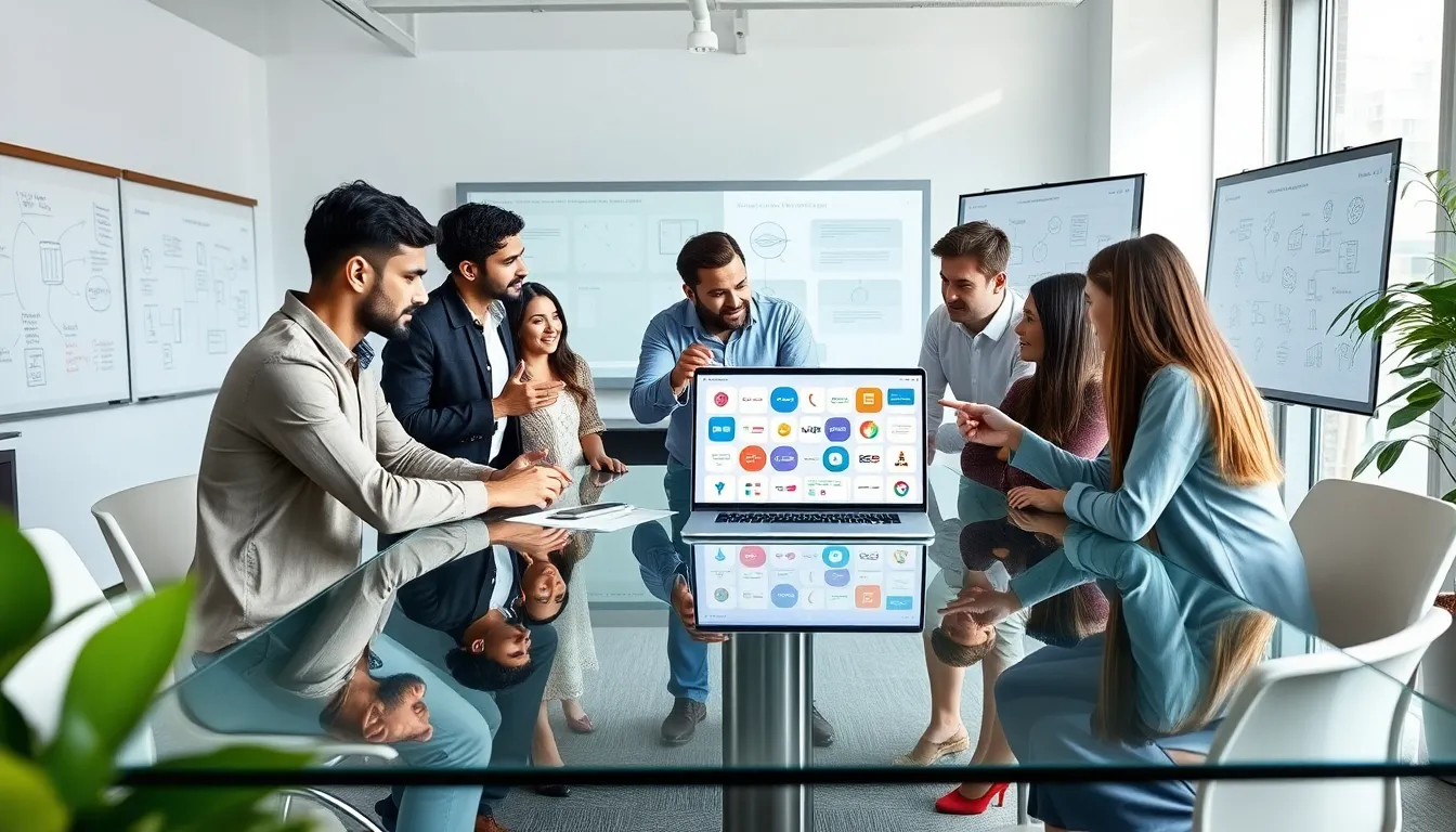 diverse team collaborating on Bubble software in a modern office.