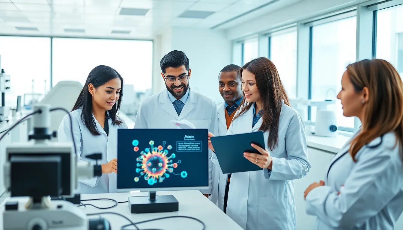 diverse team in a modern lab discussing cancer therapies.