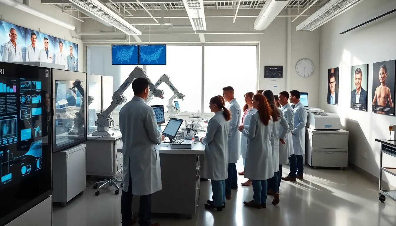 diverse team collaborating in a modern biotech laboratory.