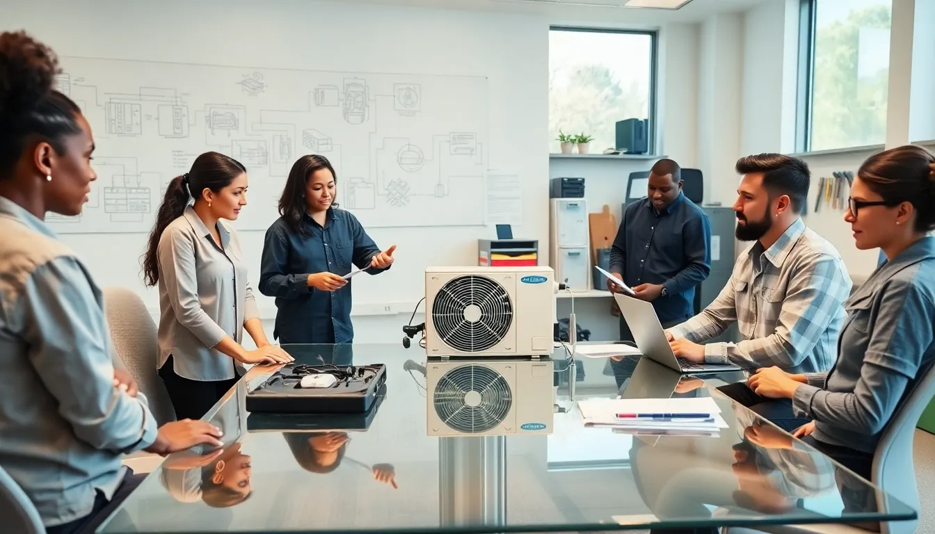 diverse trainees learning about HVAC systems in a modern classroom.