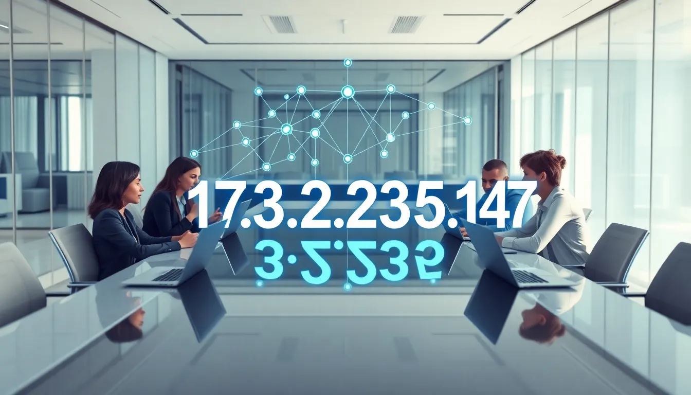 Prominent IP address with professionals discussing digital connectivity in a modern office.
